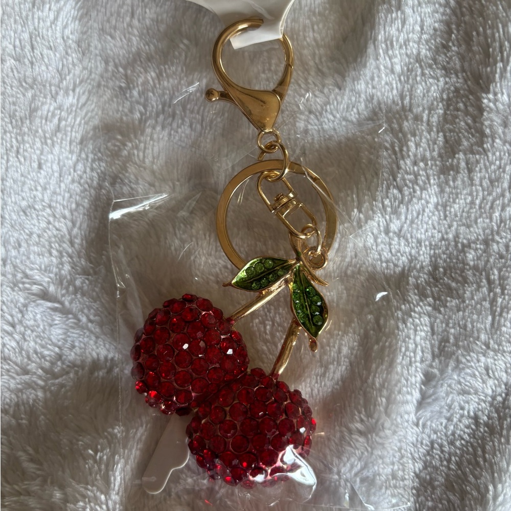 Red Cherry Keychain with Gold Accents